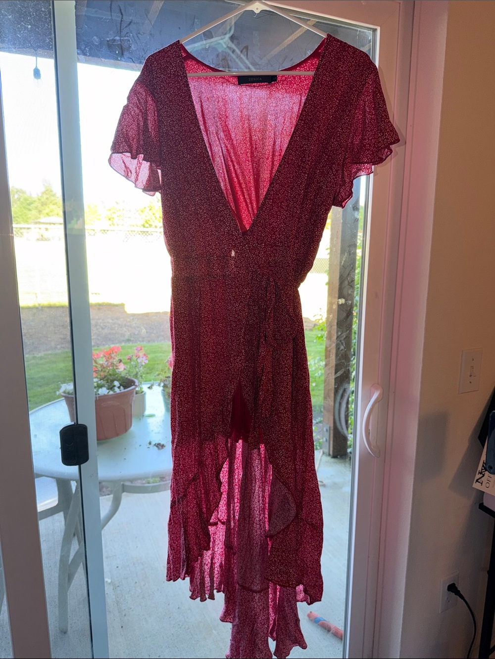 Deep V Red High-Low Wrap Dress with Ruffle Hem